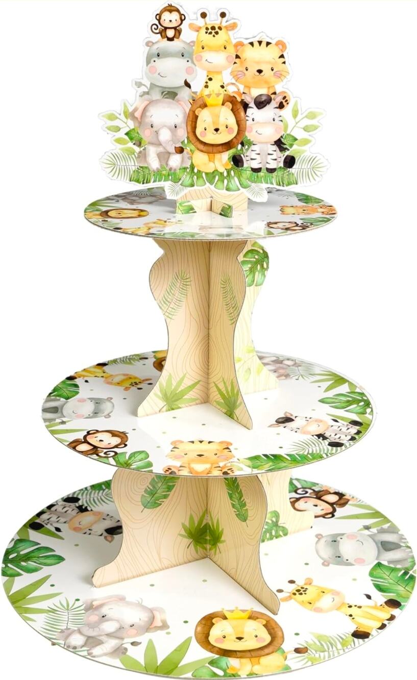 3-Tier Safari Animals Cupcake Stand, Jungle Animals Cardboard Cupcake Holder for